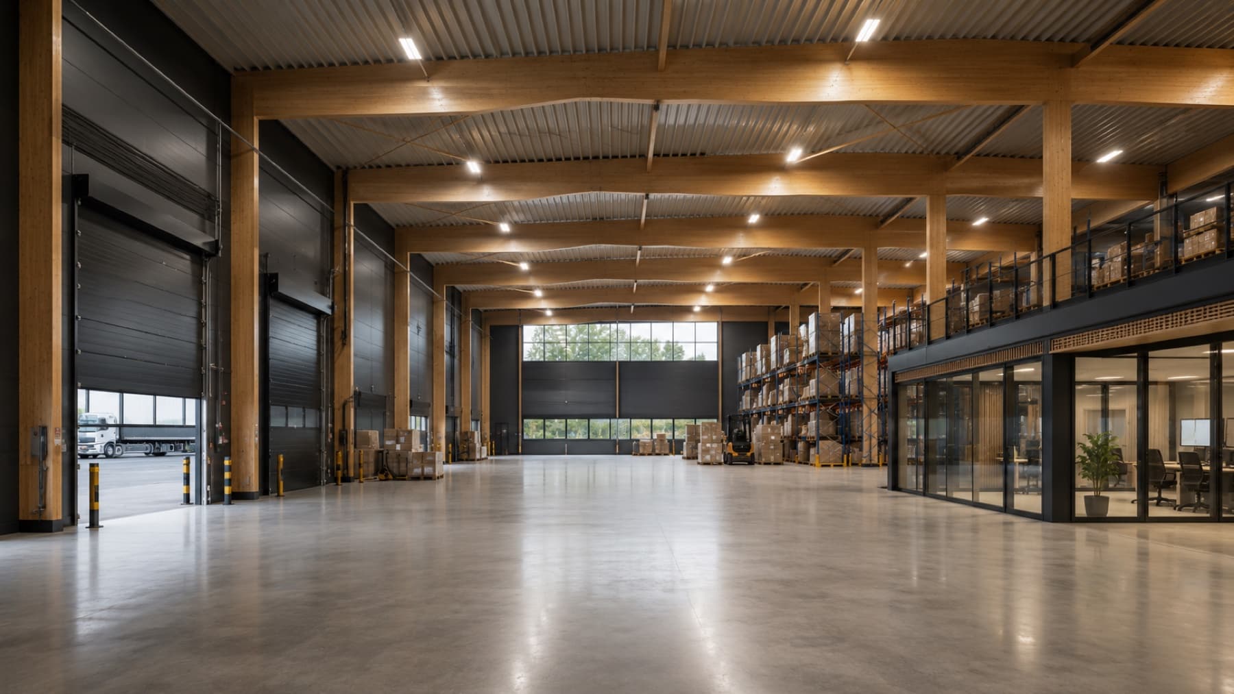 Innenraum einer modernen Lagerhalle mit Holztragwerk