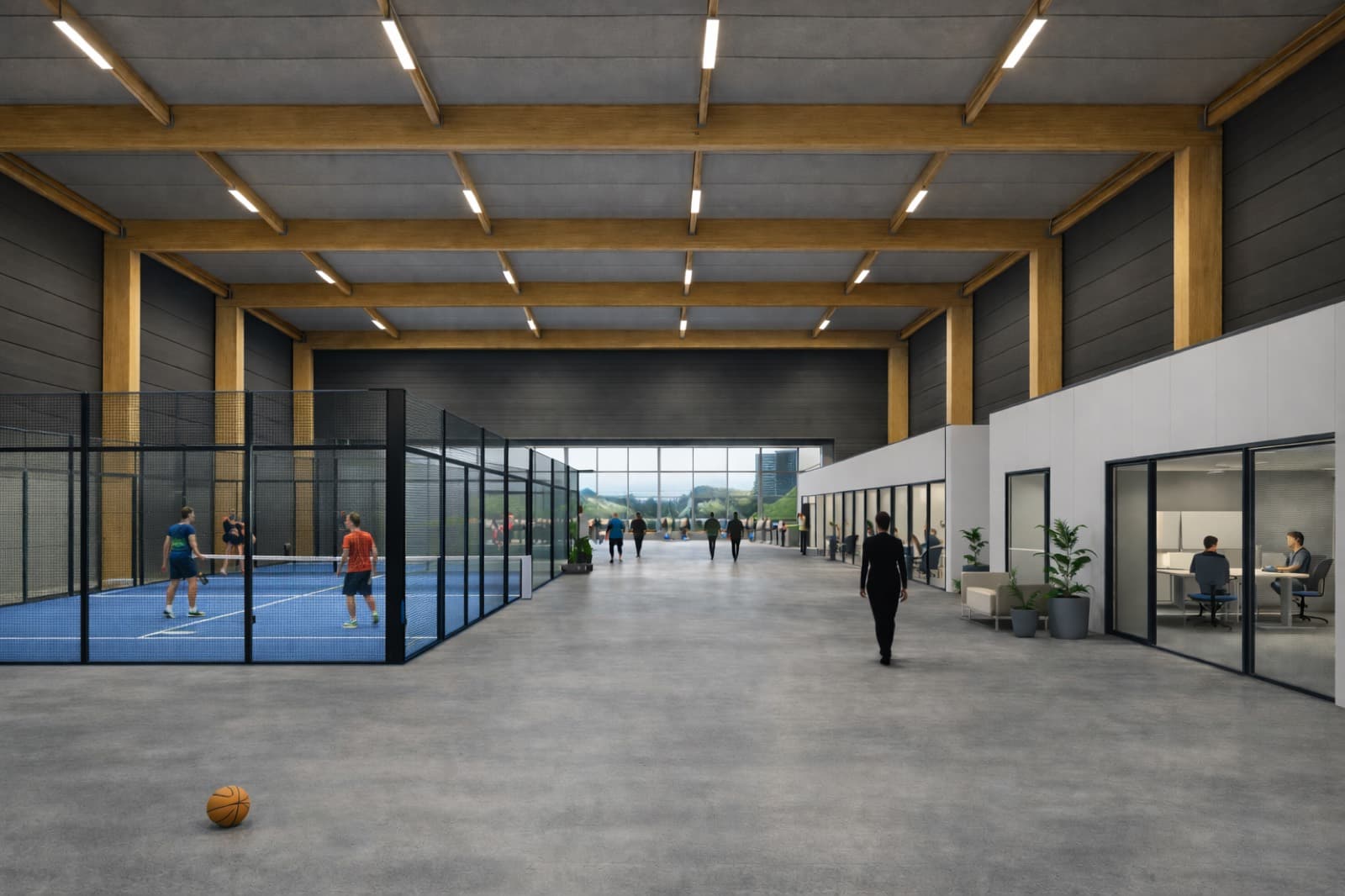 Padel-Anlage mit Social Area und Coworking — Rendering